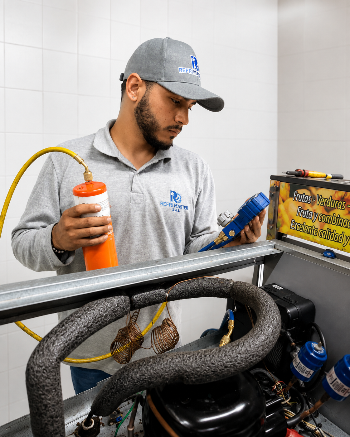 Técnico de REFRI MASTERS realizando mantenimiento y diagnóstico de equipos de refrigeración