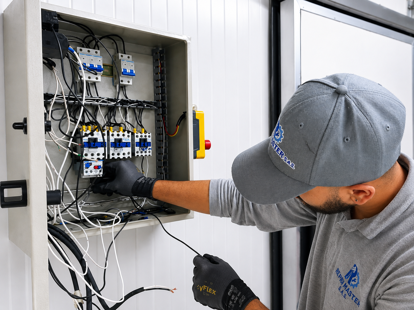 Técnico de REFRI MASTERS realizando adecuación eléctrica y de control